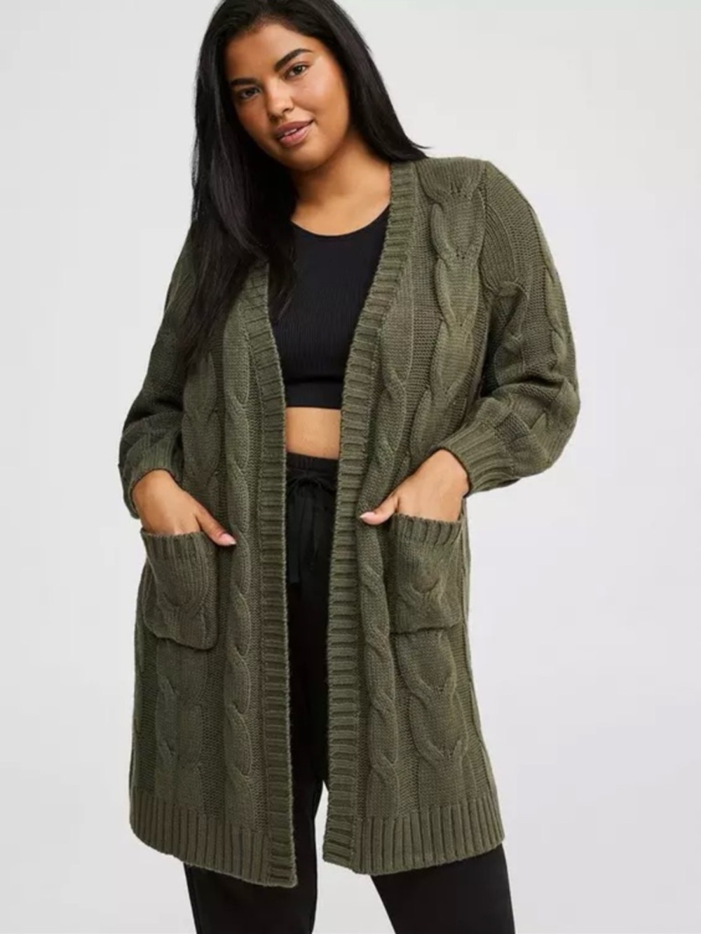 torrid Olive Cable Knit Open-Front Cardigan